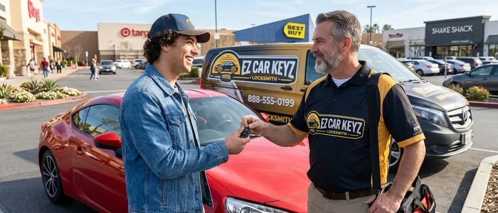Customer with a replacement Toyota 86 car key from EZ Car Keyz in San Diego County