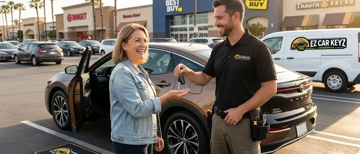 Customer with a replacement Toyota Crown car key from EZ Car Keyz in San Diego County