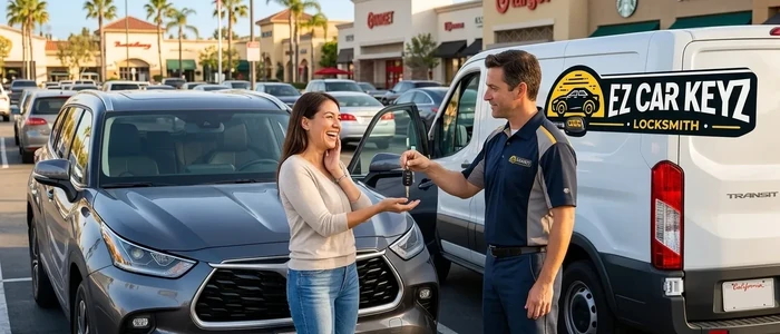 Customer with a replacement Toyota Highlander car key from EZ Car Keyz in San Diego County