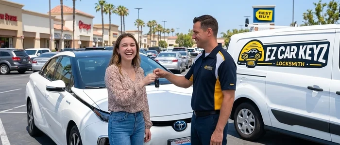Customer with a replacement Toyota Mirai car key from EZ Car Keyz in San Diego County