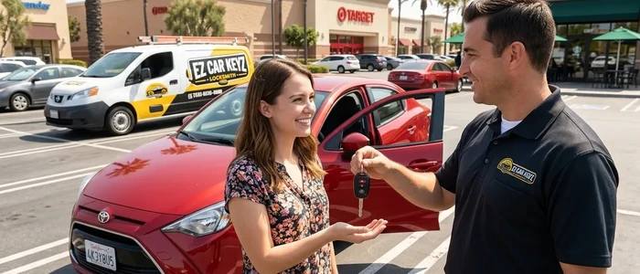 Customer with a replacement Toyota Yaris car key from EZ Car Keyz in San Diego County
