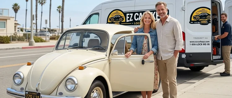 Happy customers with their replacement Volkswagen Beetle car key from EZ Car Keyz in San Diego County