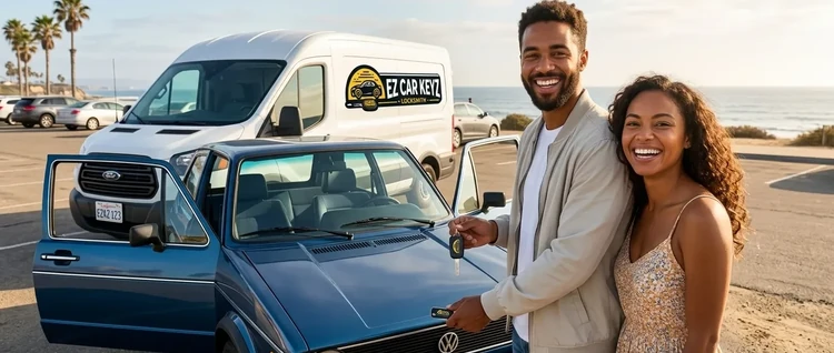 Happy customers with their replacement Volkswagen Rabbit car key from EZ Car Keyz in San Diego County