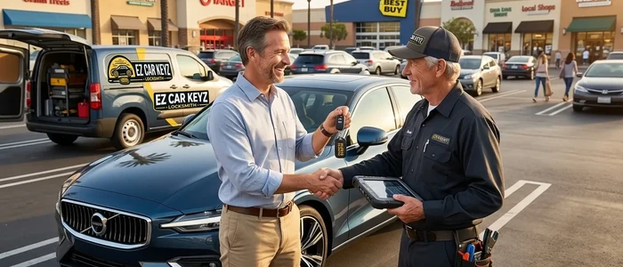 Customer with a replacement Volvo S60 car key from EZ Car Keyz in San Diego County