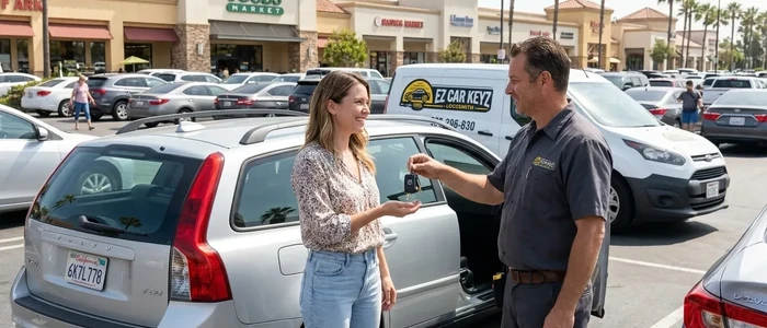 Customer with a replacement Volvo V50 car key from EZ Car Keyz in San Diego County
