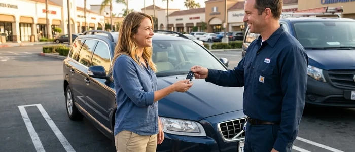 Customer with a replacement Volvo V70 car key from EZ Car Keyz in San Diego County