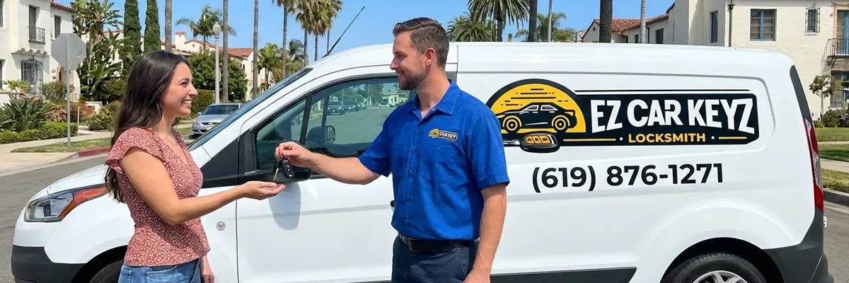 Happy customer receiving new car key from EZ Car Keyz in San Diego