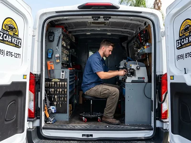 EZ Car Keyz locksmith technician programming a car key on-site in San Diego