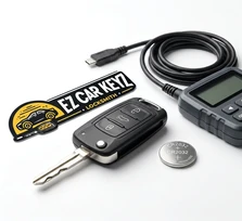Mobile combo service on a 2018 Mazda Advanced Keyless system fob at a home in La Mesa, California. Old battery had been dead long enough for the vehicle to forget the fob.