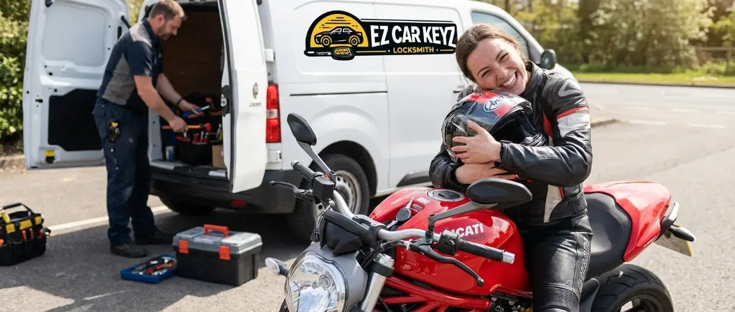 Happy Ducati rider after motorcycle key replacement - EZ Car Keyz