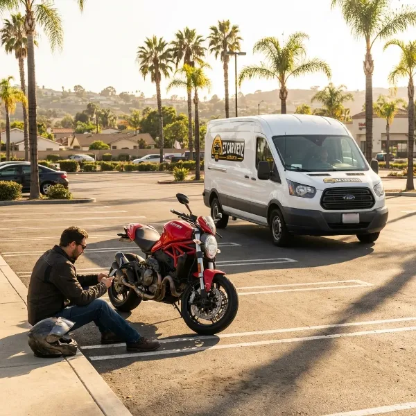 Stranded Ducati rider with EZ Car Keyz van arriving on scene