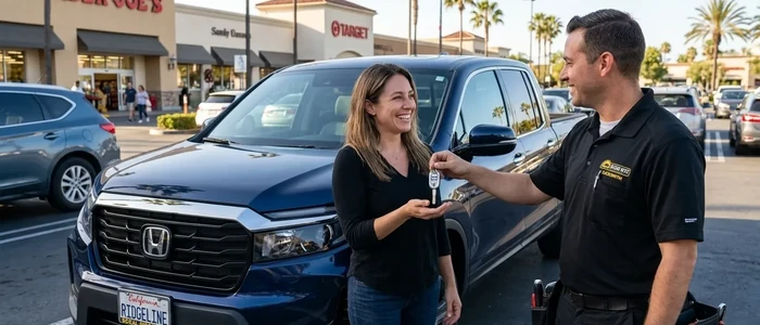 Customer with a replacement Honda Ridgeline car key from EZ Car Keyz in Ventura County