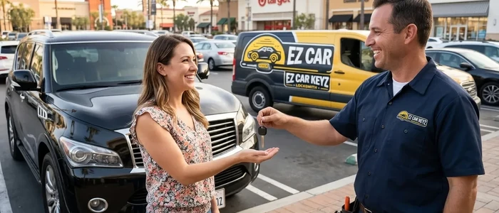 Customer with a replacement Infiniti QX56 car key from EZ Car Keyz in Ventura County