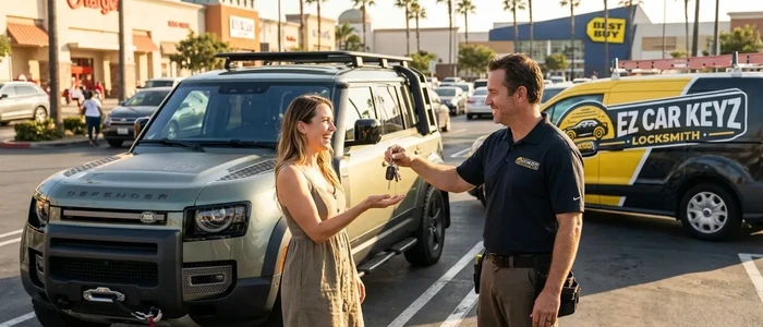 Customer with a replacement Land Rover Defender car key from EZ Car Keyz in Ventura County