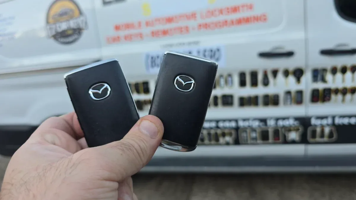 Insured mobile locksmith working on 1999 Mazda 626 in Simi Valley CA