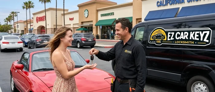 Customer with a replacement Mazda Miata car key from EZ Car Keyz in Ventura County