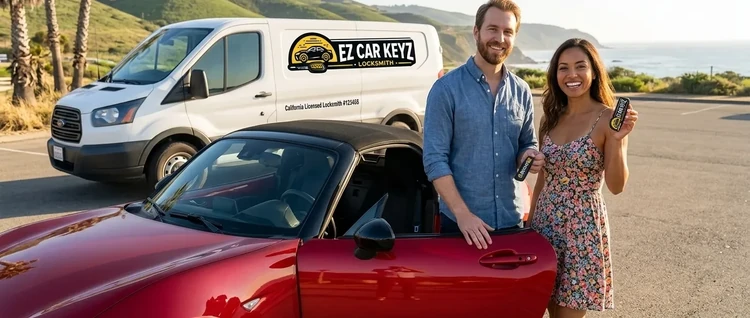 Happy customers with their replacement Mazda Miata car key from EZ Car Keyz in Ventura County