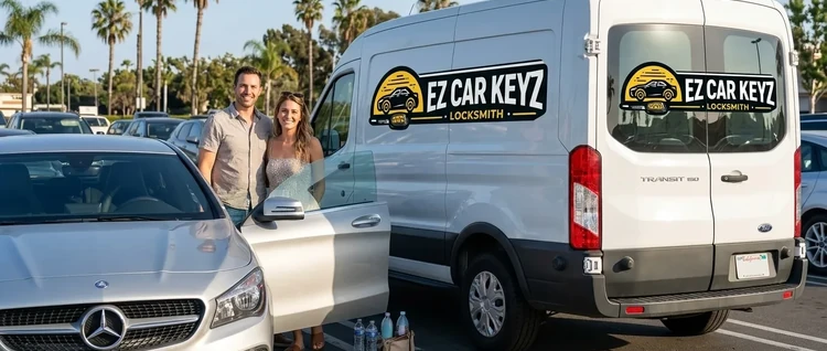 Happy customers with their replacement Mercedes-Benz CLA car key from EZ Car Keyz in Ventura County
