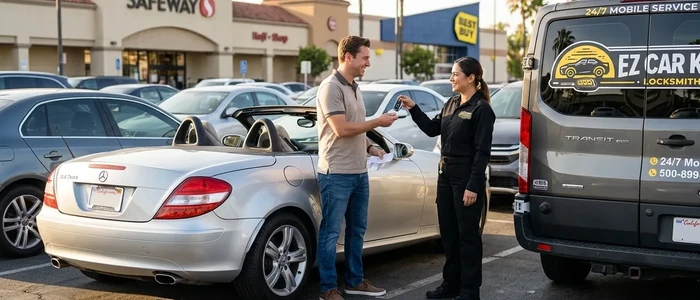 Customer with a replacement Mercedes-Benz SLK car key from EZ Car Keyz in Ventura County