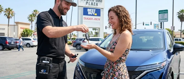 Customer with a replacement Nissan Ariya car key from EZ Car Keyz in Ventura County