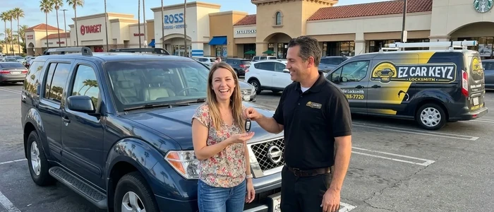 Customer with a replacement Nissan Pathfinder car key from EZ Car Keyz in Ventura County