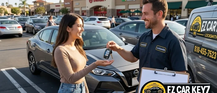 Customer with a replacement Nissan Sentra car key from EZ Car Keyz in Ventura County