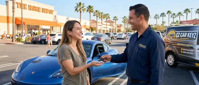 Customer with a replacement Porsche Cayman car key from EZ Car Keyz in Ventura County
