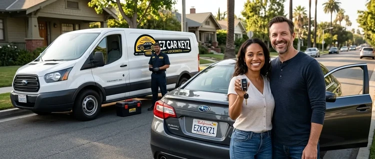 Happy customers with their replacement Subaru Legacy car key from EZ Car Keyz in Ventura County