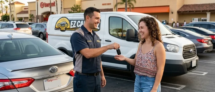 Customer with a replacement Toyota Camry car key from EZ Car Keyz in Ventura County