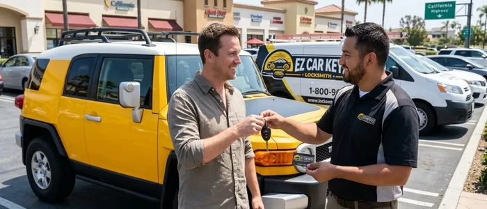 Customer with a replacement Toyota Fj Cruiser car key from EZ Car Keyz in Ventura County