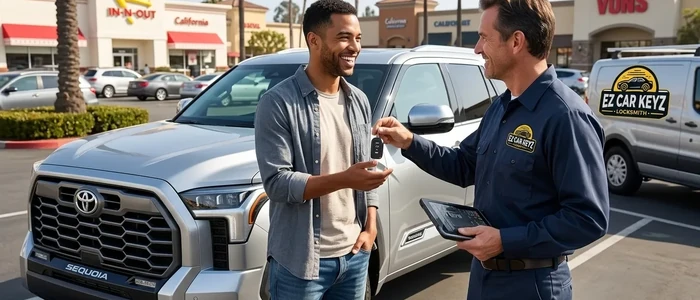 Customer with a replacement Toyota Sequoia car key from EZ Car Keyz in Ventura County