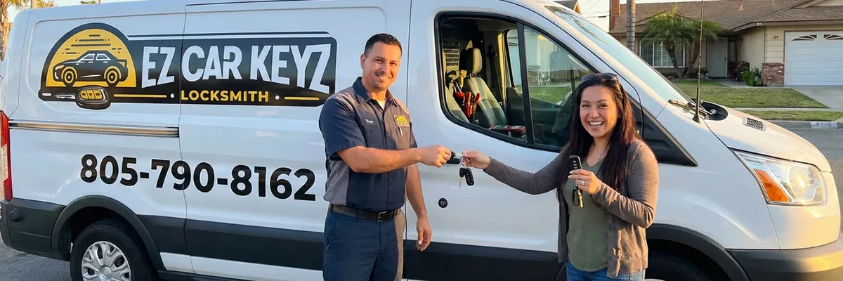 Happy customer receiving new car key from EZ Car Keyz in Ventura County