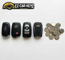 Multi-fob battery service for a household fleet at a home in Camarillo, California: six fobs across three vehicles, all installed around the same time and dying in waves. Every coin cell swapped, every fob tested at its vehicle, in a single stop.