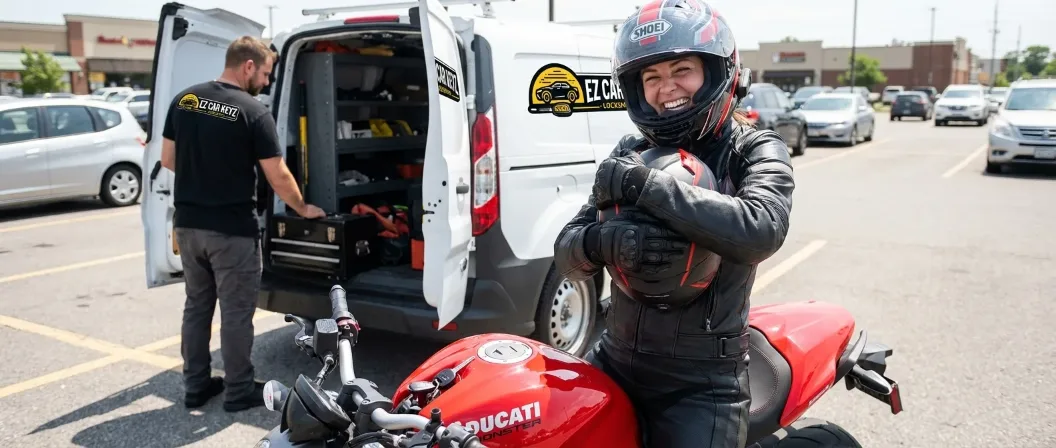 Happy Ducati rider after motorcycle key replacement - EZ Car Keyz