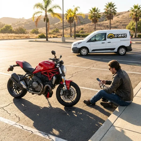 Stranded Ducati rider with EZ Car Keyz van arriving on scene